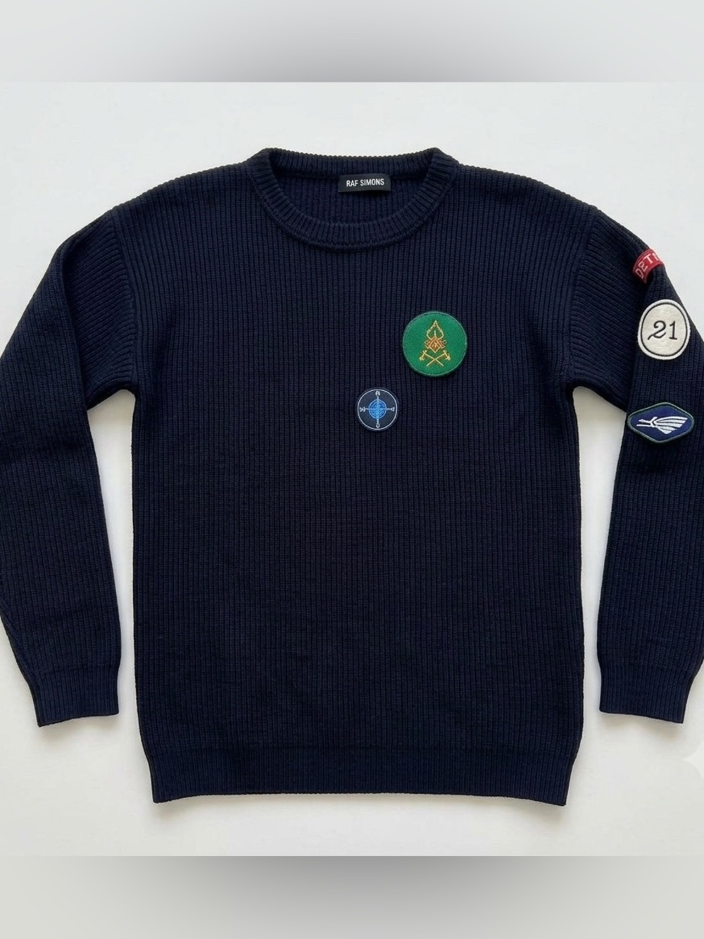 Raf Simons Navy Ribbed Crewneck Sweater with Badge Details